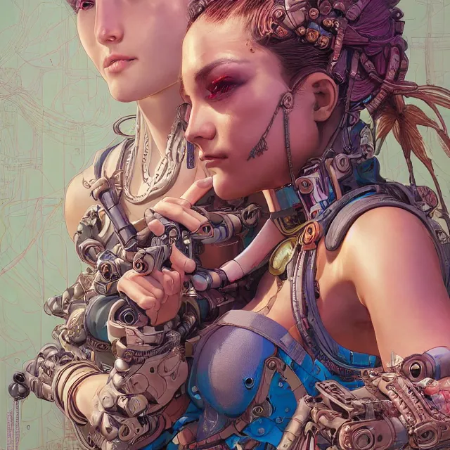 Image similar to the portrait of true neutral semi - colorful female cyborg mechanist as absurdly beautiful, gorgeous, elegant, young swimsuit model, an ultrafine hyperdetailed illustration by kim jung gi, irakli nadar, intricate linework, bright colors, octopath traveler, final fantasy, unreal engine 5 highly rendered, global illumination, radiant light, detailed and intricate environment