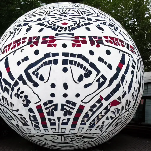 Image similar to a giant floating sphere covered in canadian aboriginal patterns