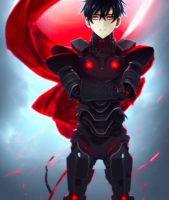 Image similar to a detailed manga illustration character full body portrait of a dark haired cyborg anime man who has a red mechanical eye and is wearing a cape, trending on artstation, digital art, 4 k resolution, detailed, high quality, sharp focus, hq artwork, insane detail, concept art, character concept, character illustration, full body illustration, cinematic, dramatic lighting