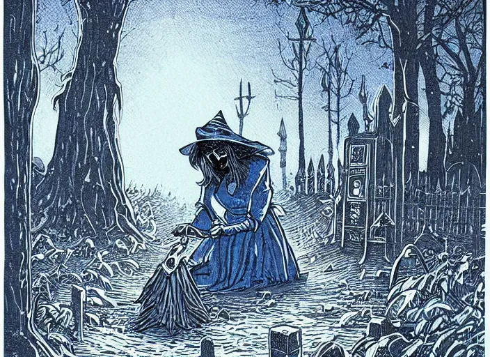 Image similar to blue woodcut print cartoon, halloween witch in graveyard at midnight by greg rutkowski, fine details, highly detailed