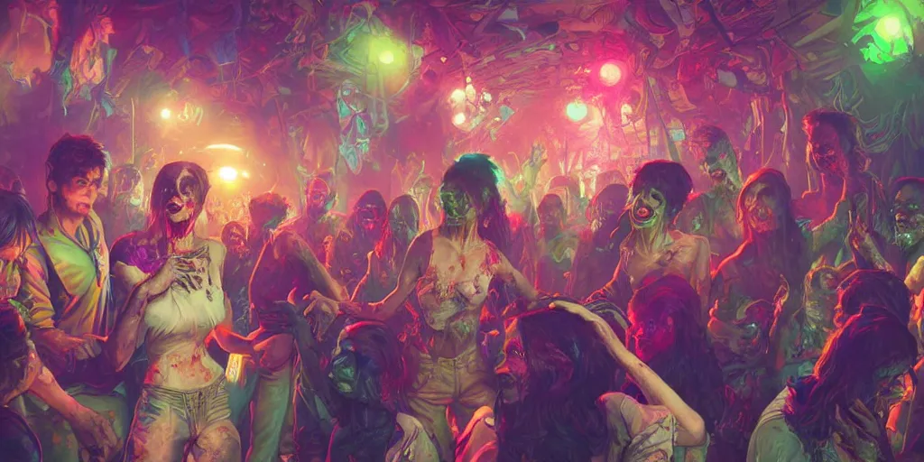 Image similar to a zombie disco party, vivid colors, extremely detailed digital painting, mystical colors, rim light, beautiful lighting, 8 k, stunning scene, raytracing, octane, trending on artstation, art by artgerm and greg rutkowski and alphonse mucha and loish and wlop