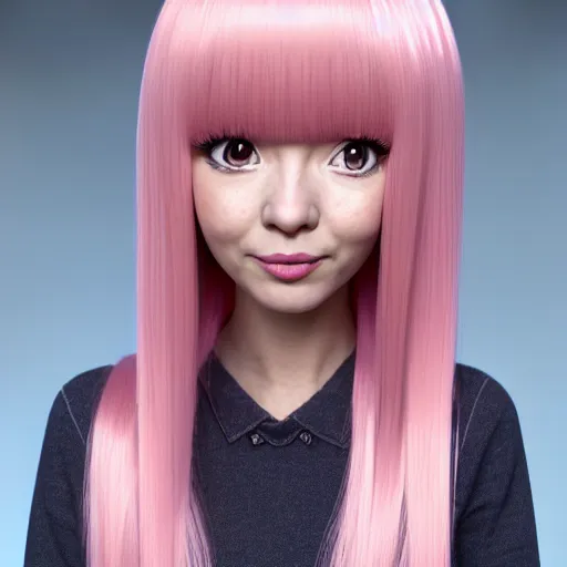 Image similar to A portrait of Nikki from Shining Nikki and Love, a cute 3d cgi toon young woman with long light pink hair, full bangs, hazel eyes, full face, light makeup, pale skin, Chinese heritage, cute outfit, medium shot, mid-shot, hyperdetailed, 8k, trending on artstation, as a Pixar character