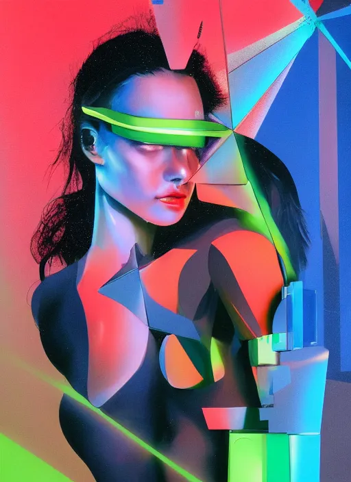 Image similar to futuristic fine lasers tracing, data visualization, cyberpunk bodysuit, tesseract, laserpunk, blindfold pyramid visor, rain, wet, oiled, sweat, girl pinup, by steven meisel, kaws, james jean and rolf armstrong, geometric cubist perfect geometry abstract acrylic and hyperrealism photorealistic airbrush collage painting with monochrome and neon fluorescent colors, eighties eros