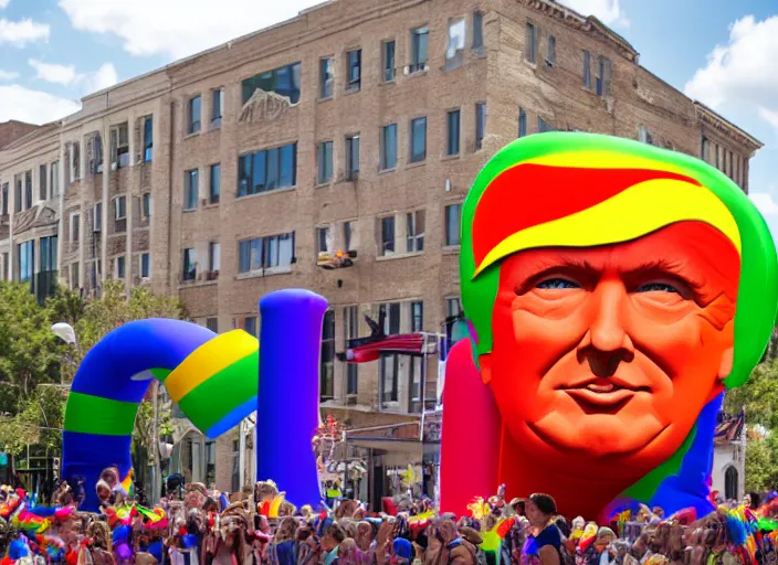 Prompt: pride parade float in the shape of donald trump's head, photorealistic, canon 5 d, sharp, sunlight, reflection, inflatable, rainbow