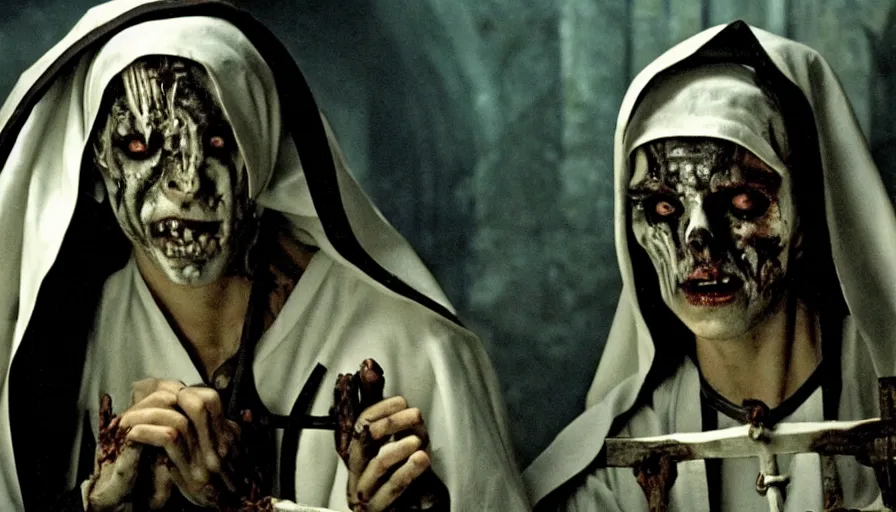 Image similar to Movie by Ridley Scott about an 16th century alchemist lab where a crucified necromancer priest is transformed into a cyborg zombie (a nun watches and weeps)