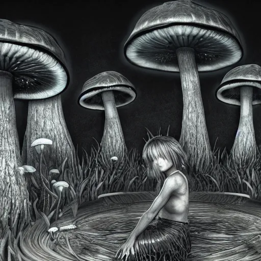 Prompt: mushroom goddess with group of elders, discussing the new season of friends, cynical realism, hiroya oku painterly, yoshitaka amano, chris cunningham, black and white, beautiful lighting, manga in the style of drummond, 3 d render, 8 k