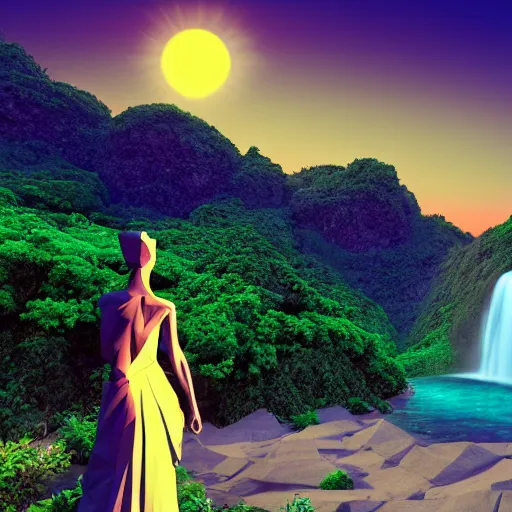 Image similar to a low-poly render of a big purple hand holding the orange setting sun on the ocean horizon. a green tinted transparent beckoning lady in front of a waterfall. a cream colored abandoned building featuring two statues and pitch black periphery. a prehistoric jungle scene with a mountain in the background.