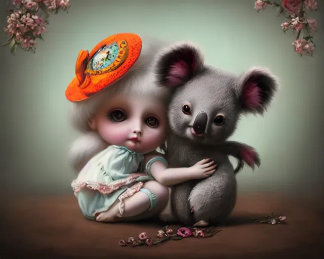 Image similar to cute porcelain doll koala, mark ryden style, vivid colors, high details, cinematic, 8 k resolution, beautiful detailed, photorealistic, digital painting, dark atmosphere, artstation, concept art, smooth, sharp focus, illustration, fantasy background, artstation trending, octane render, unreal engine