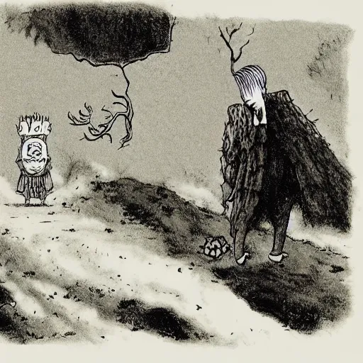 Prompt: limbo, sulfur, underworld, wind kissed ( ( ( ( picture ) ) ) ), ashes, lament, by maurice sendak, edward gorey, charles addams,