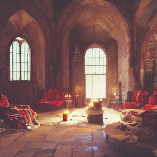 Prompt: A photograph of the Gryffindor common room, cozy arm chairs, a fire burning in the hearth, high ceilings, lit by many candles, light rays, magic aura, bloom, mysterious, a bat kitten sits there