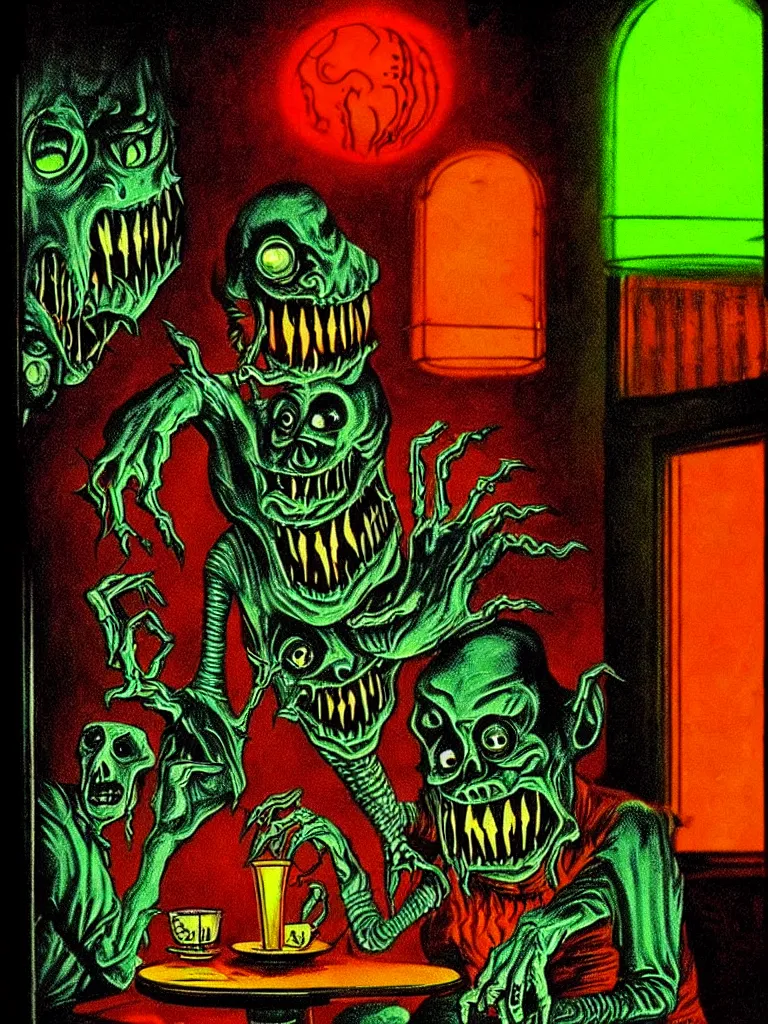 Prompt: Vibrant Colorful Vintage Horror Illustration of a Monster at the Cafe. Glowing , Spooky lighting , Pinterest