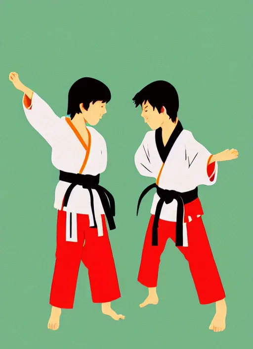 Prompt: two beautiful identical twin boys fighting karate on an hill wearing their kimono, digital illustration, glowing colors, realistic