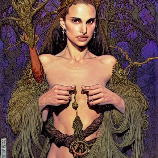 Image similar to a realistic, very beautiful and atmospheric portrait of a young natalie portman as a druidic warrior wizard looking at the camera with an intelligent but seductive gaze by rebecca guay, michael kaluta, charles vess and jean moebius giraud. low contrast, smooth lighting