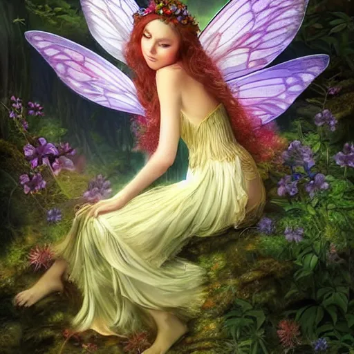 Image similar to the most beautiful fairy sitting on a flower in an amazing peaceful forest, fantasy artwork, detailed, sharp