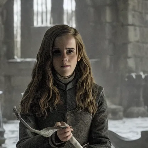 Image similar to ashamed emma watson as hermione granger in that infamous game of thrones scene