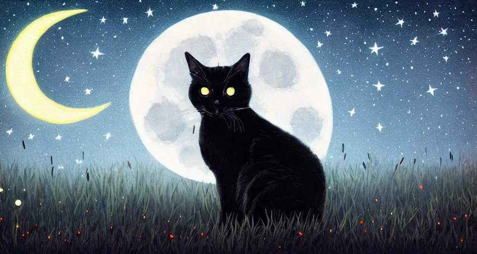 Image similar to black cat with glowing eyes looking up at the moon in a very dark open field at midnight with fireflies in the air and lots of stars in the sky, digital painting, highly detailed, magical, beautiful