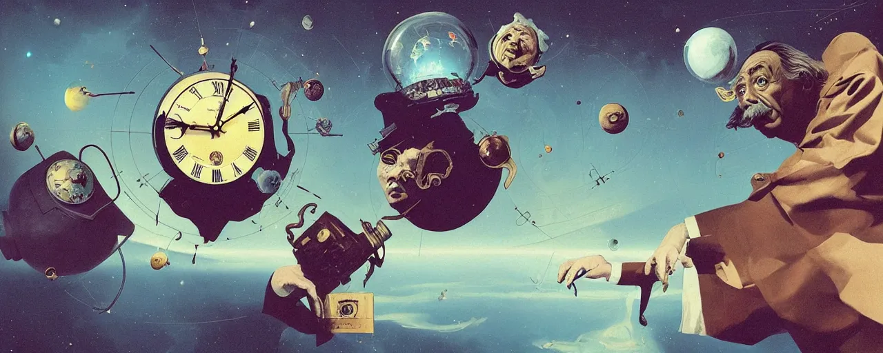 Image similar to duotone surrealist illustration 3 / 4 portrait of albert einstein measuring time on salvadore dali clock in outer space. golden ratio accidental renaissance. by sachin teng and sergey kolesov and ruan jia and heng z. graffiti art, scifi, fantasy, hyper detailed. octane render. concept art. trending on artstation