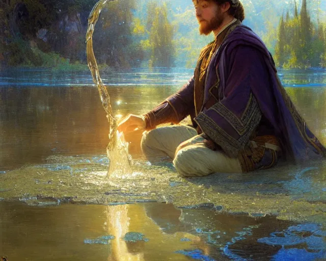 Image similar to attractive male wizard casting water spell in a beautiful lake. highly detailed painting by gaston bussiere, craig mullins, j. c. leyendecker 8 k