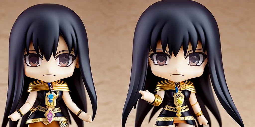 Prompt: nendoroid eyes kawaii chibi female pharao, darklong hair, egyptian crown, stained glass, style of maple story, detailed, custom