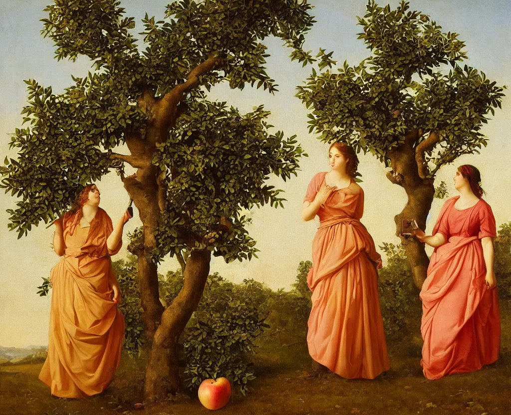 Prompt: Two women wearing only fig leaves stand on both sides of a lonely apple tree, facing the camera, one holds apple in hand, classical painting, realism, golden hour