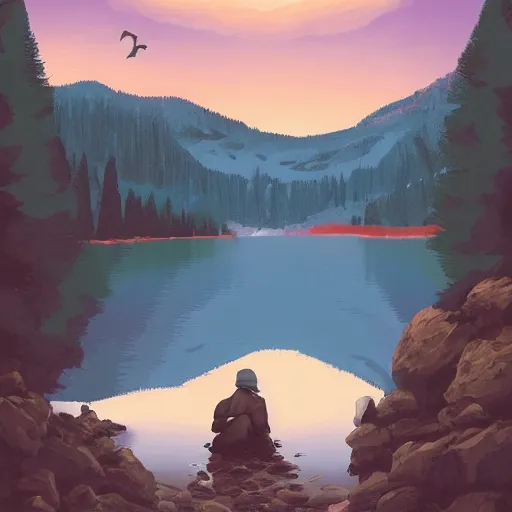 Prompt: digital painting of mountain landscape with a lake and character near the water by philip sue art, by philip sue, contest winner on behance