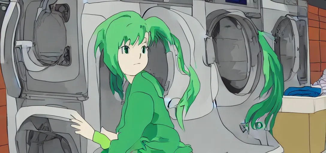 Image similar to a girl with green hair sitting on top of a washing machine inside of a laundromat by Hayao Miyazaki, anime style