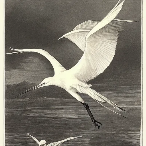 Prompt: a flying egret, by john-audubon and gustave-dore