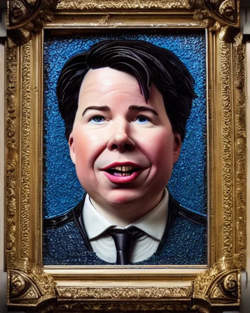 Prompt: michael mcintyre made of glass on staircase at livraria lello, real life skin, intricate, highly detailed, artstation, concept art, smooth, sharp focus, art by artgerm and greg rutkowski