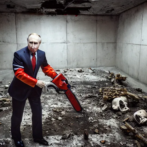 Image similar to putin with a chainsaw. in a concrete bunker with a pile of corpses. focus on putins face with blood splatters. canon eos r 3, f / 1. 4, iso 1 6 0 0, 1 / 8 0 s, 8 k, raw, grainy