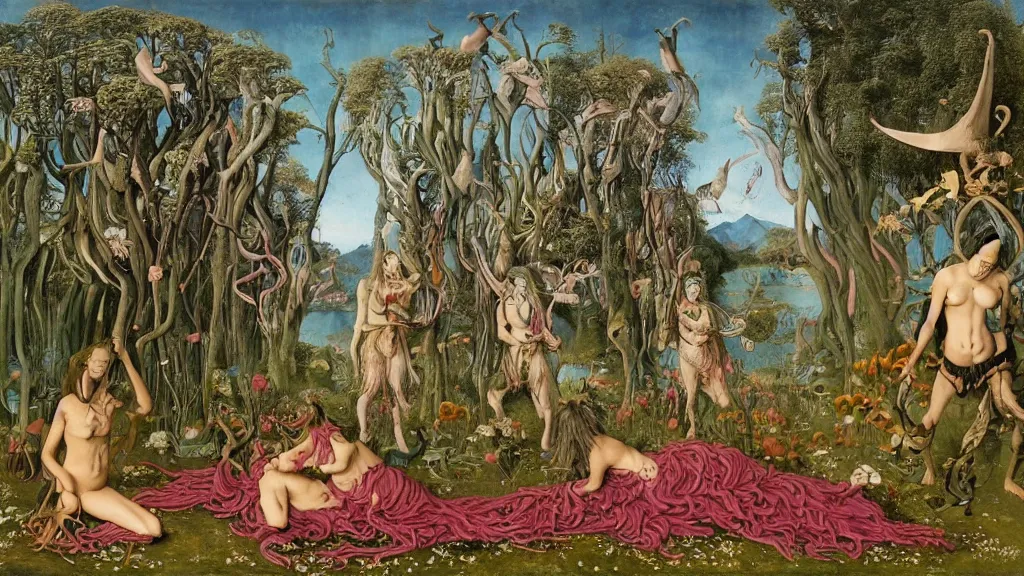 Prompt: a photograph of a meditating centaur shaman and a harpy mermaid mutating into a stampede of beasts. surrounded by bulbous flowers and a few trees. river delta with mountains under a blue sky full of burning stars and birds. painted by jan van eyck, max ernst, ernst haeckel, ernst fuchs and artgerm. trending on artstation