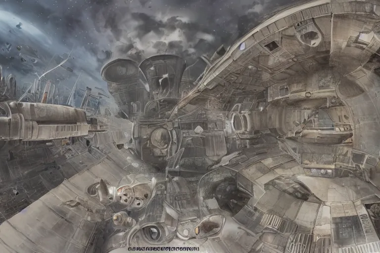 Image similar to matte painting of an outside view of abandoned space station in the deep space