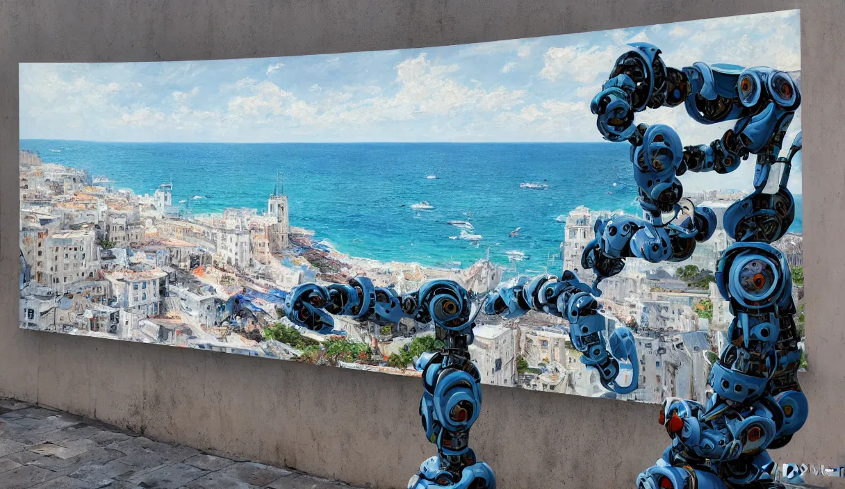 Image similar to an high resolution photo of a robot paiting a picture on a terrace over the sea, hyper detailed, photography, realistic, art, 8 k, unreal engine, cinematic, shallow focus, f 2. 8 3 5 mm, kodak film, 3 5 mm film