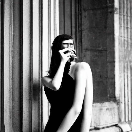 Prompt: monochrome lomography of fashion model smoking a cigarette, in the style of classicism