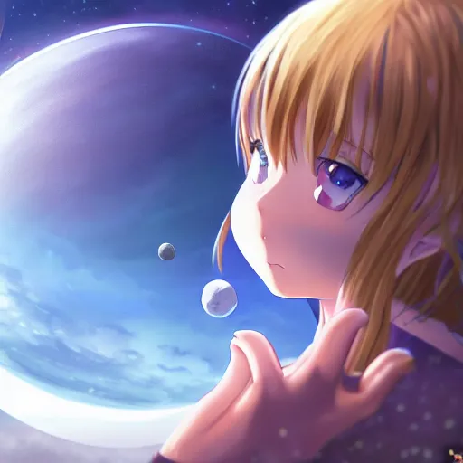 Prompt: An anime girl holding and terraforming a planet on her hands, wide-shot, high detail, 4k, digital art, artstation, 8k, very detailed