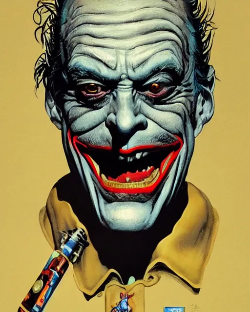 Image similar to christopher lloyd as the joker, big smile, grotesque, horror, high details, intricate details, by vincent di fate, artgerm julie bell beeple, 1 9 8 0 s, inking, vintage 8 0 s print, screen print