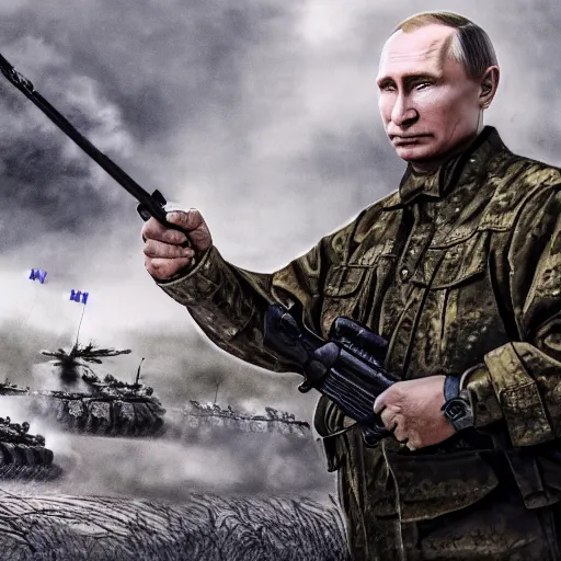 Image similar to Vladimir Putin is fighting at the front against Ukraine epic battle, Drawing with pencils, 4K