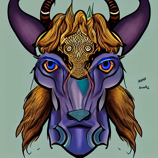 Image similar to well dressed minotaur with blue flaming eyes, digital art