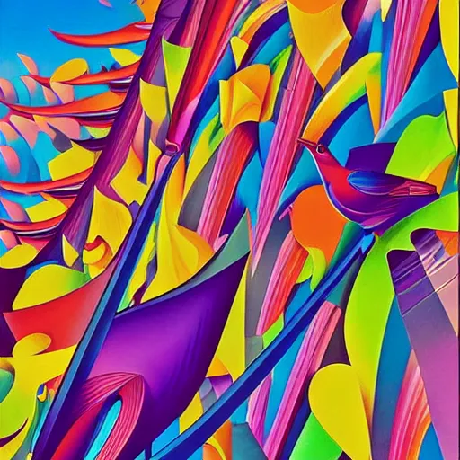 Prompt: bird city hyper realism vibrant colors by alex grey, arthur adams, frank gehry, syd mead