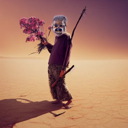 Prompt: full body shot of floating old asian man with long beard, his head covered in flowers, full face occult silver mask, glowing eyes, wearing a large carved wooden fractal stick, smoke around him, in the burning soil desert, cinematic shot, wide angle, desert background, volumetric lighting by Denis Villeneuve, Lubezki, Gaspar Noe Christopher Doyle and Alejandro Jodorowsky, anamorphic lens, anamorphic lens flares, kodakchrome, cinematic composition, practical effects, award winning photo, 8k