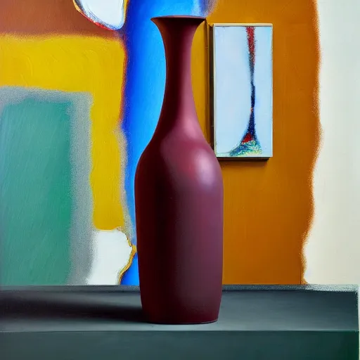 Prompt: ultrafine detailed painting of an abstract bottle sculpture on top of a table, still life by julian schnabel and john chamberlain, tonalism, oil on canvas, surrealist painting, behance, academic art