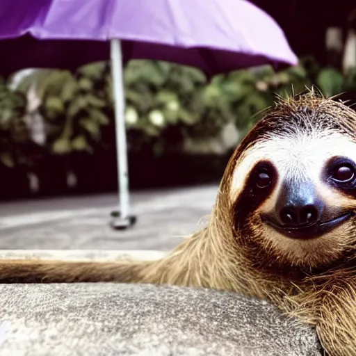 Prompt: photo of a cute sloth under an umbrella