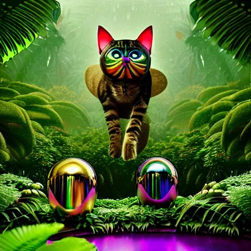 Image similar to giant iridescent mix between a feline and bug android creature in lush jungle, raining, foggy, moody, :: by Jeff Koons, Dan McPharlin Daniel Merrian :: ornate, dynamic, particulate, rich colors, intricate, elegant, highly detailed, centered, artstation, smooth, sharp focus, octane render, 3d