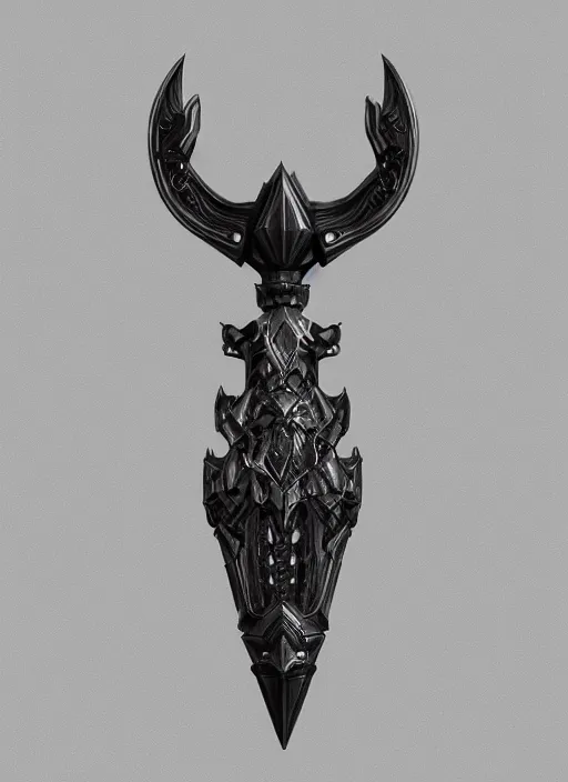 Image similar to a black and silver sword skull crest, orthographic, ornament, weapon, a 2 d render by dom qwek, front side, concept art, trending on polycount, artstation, hard surface modeling, rendered in maya, zbrush, hd, vray, blizzard, symmetry