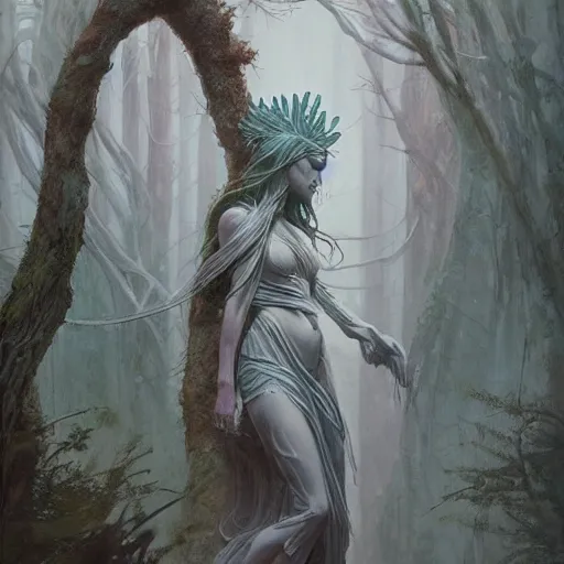 Image similar to A goddess of the forest, trending on Artstation, Greg Rutkowski, Wayne Barlowe