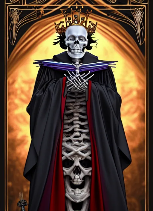 Image similar to undead skeleton king, wearing an academic gown, tarot card, highly detailed, deep focus, elegant, digital painting, smooth, sharp focus, illustration, ultra realistic, 8 k, art by artgerm and alphonse mucha