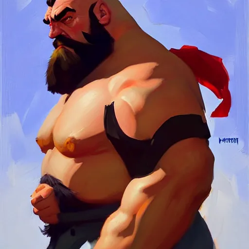 Prompt: Greg Manchess portrait painting of Zangief as Overwatch character, medium shot, asymmetrical, profile picture, Organic Painting, sunny day, Matte Painting, bold shapes, hard edges, street art, trending on artstation, by Huang Guangjian and Gil Elvgren and Sachin Teng