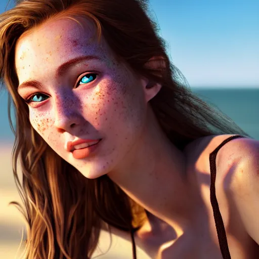 Image similar to portrait of a cute thin young woman, bronze brown hair, emerald green eye color, red blush, cute freckles, smug smile, modern clothes, relaxing on the beach, golden hour, close up shot, 8 k, art by irakli nadar, hyperrealism, hyperdetailed, ultra realistic