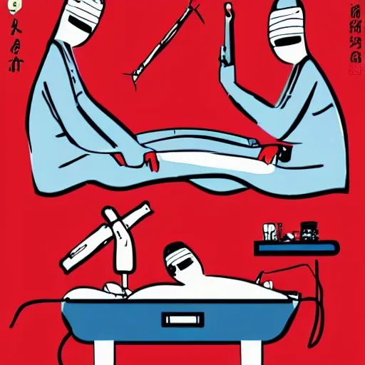 Prompt: chinese surgery operating table, in the style of daniel johnston and outsider art, 8k, line brush, minimal, hard lines, overlaid with traditional chinese adverts
