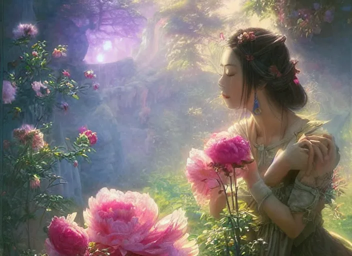 Prompt: ancient fantasy garden, beautiful woman caring for peonies, fantasy world, ethereal back light, warm global light, mist, coherent composition, detailed fantasy painting, noriyoshi ohrai, yuumei