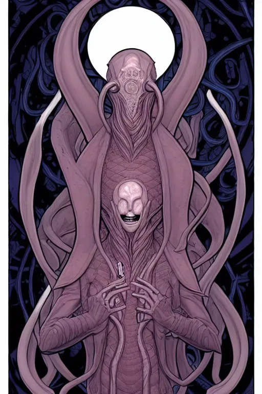 Image similar to comic cover art of an illithid, dnd, high fantasy digital illustration, by jenny frison and sana takeda, intricate details, stunning inking lines, flat colors, 4 k, hd, artstation